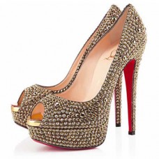 Pantofi Christian Louboutin Lady Peep Strass 140mm cu vârf deschis, aurii