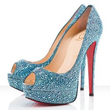 Pantofi Christian Louboutin Lady Peep Strass 140mm cu vârf deschis, albaștri