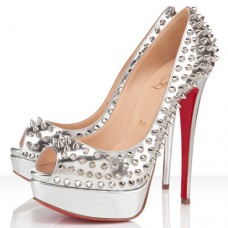 Pantofi Christian Louboutin Lady Peep Spikes 140mm cu vârf deschis, argintii