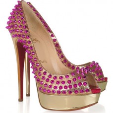 Pantofi Christian Louboutin Lady Peep Spikes 140mm cu vârf deschis, aurii și roz