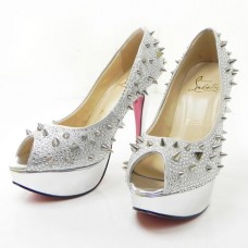 Pantofi Christian Louboutin Lady Peep Spikes 140mm cu vârf deschis, argintii