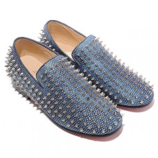 Mocasini Christian Louboutin Rollerboy cu crampoane argintii, albaștri Mocasini Christian Louboutin Rollerboy cu crampoane argintii, albaștri