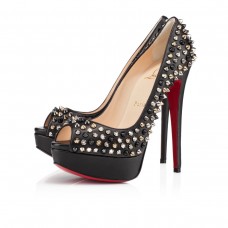 Pantofi cu toc înalt Christian Louboutin Lady Peep Spikes 140mm, negri/mix